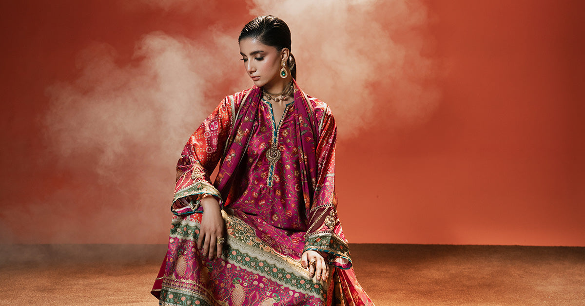 3 Piece Embroidered Satin Silk Suit