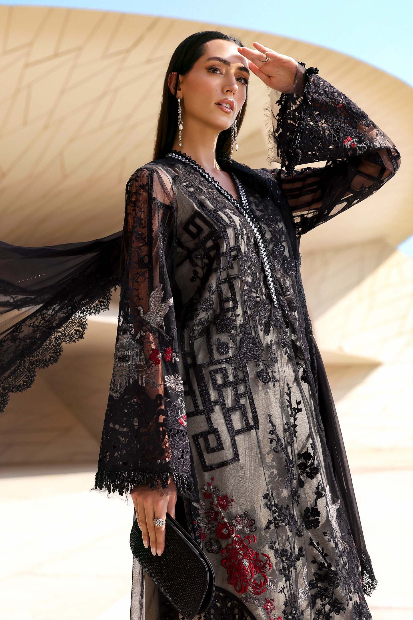 3 Piece Unstitched Embroidered Net Suit