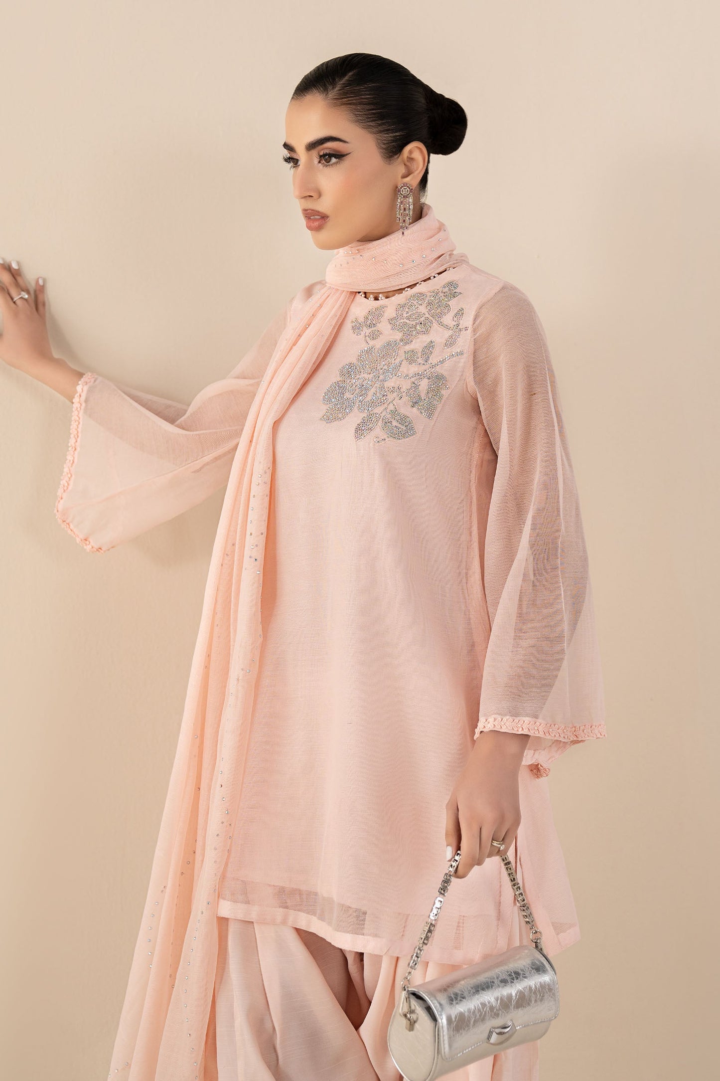 3 Piece Embellished Cotton Net Suit