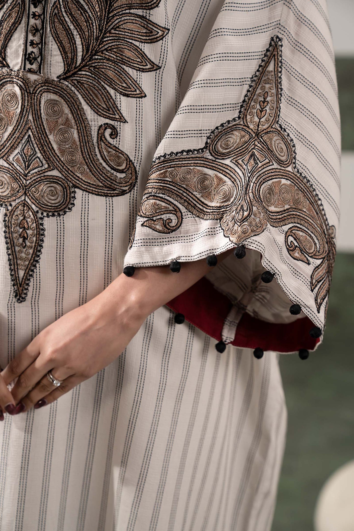 2 Piece Embroidered Striped Cotton Suit