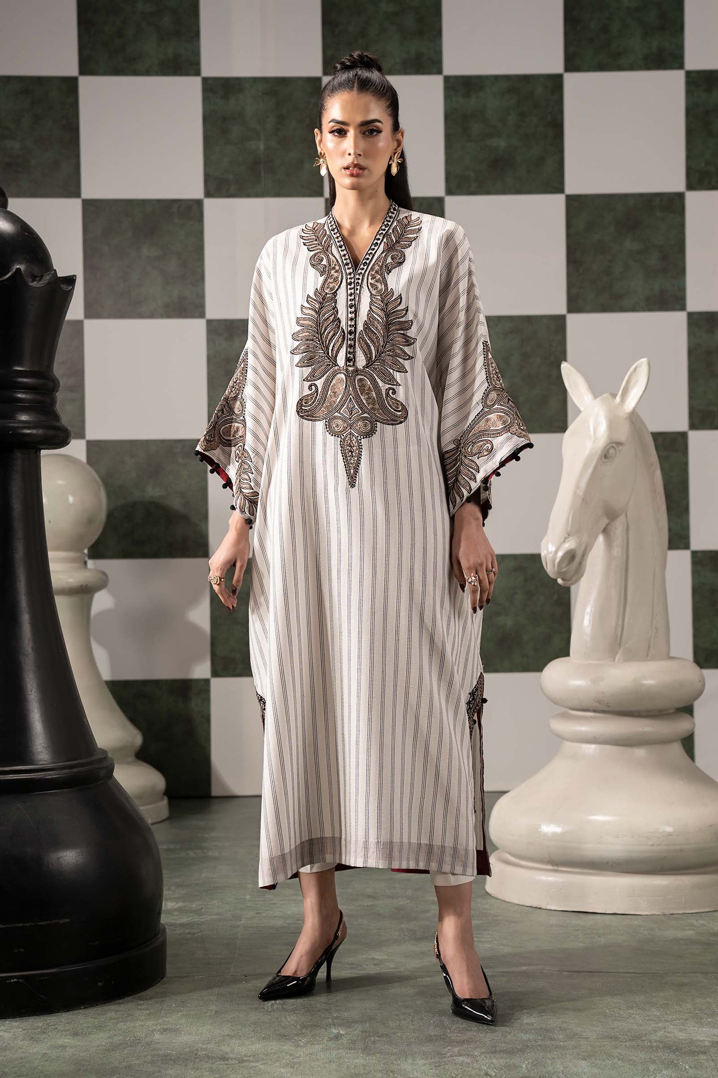 2 Piece Embroidered Striped Cotton Suit