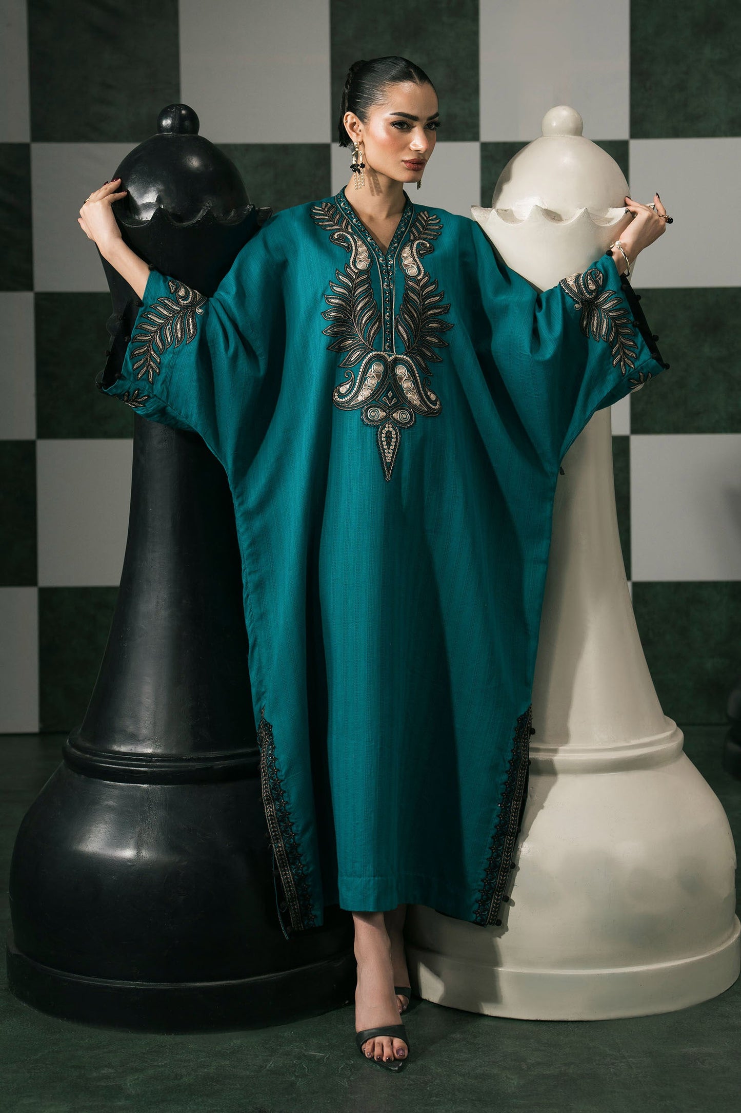2 Piece Embroidered Striped Cotton Suit