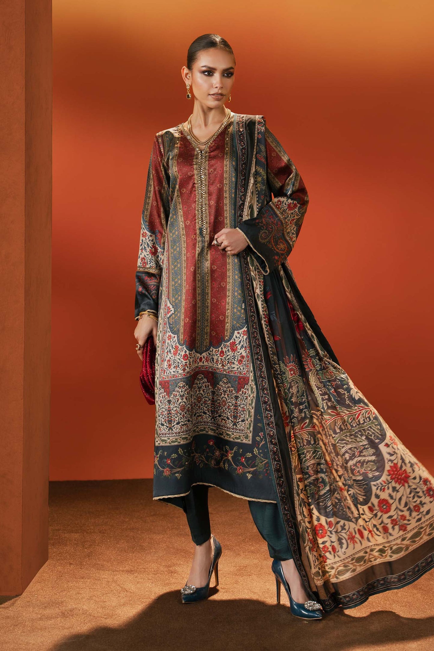 3 Piece Embroidered Satin Silk Suit