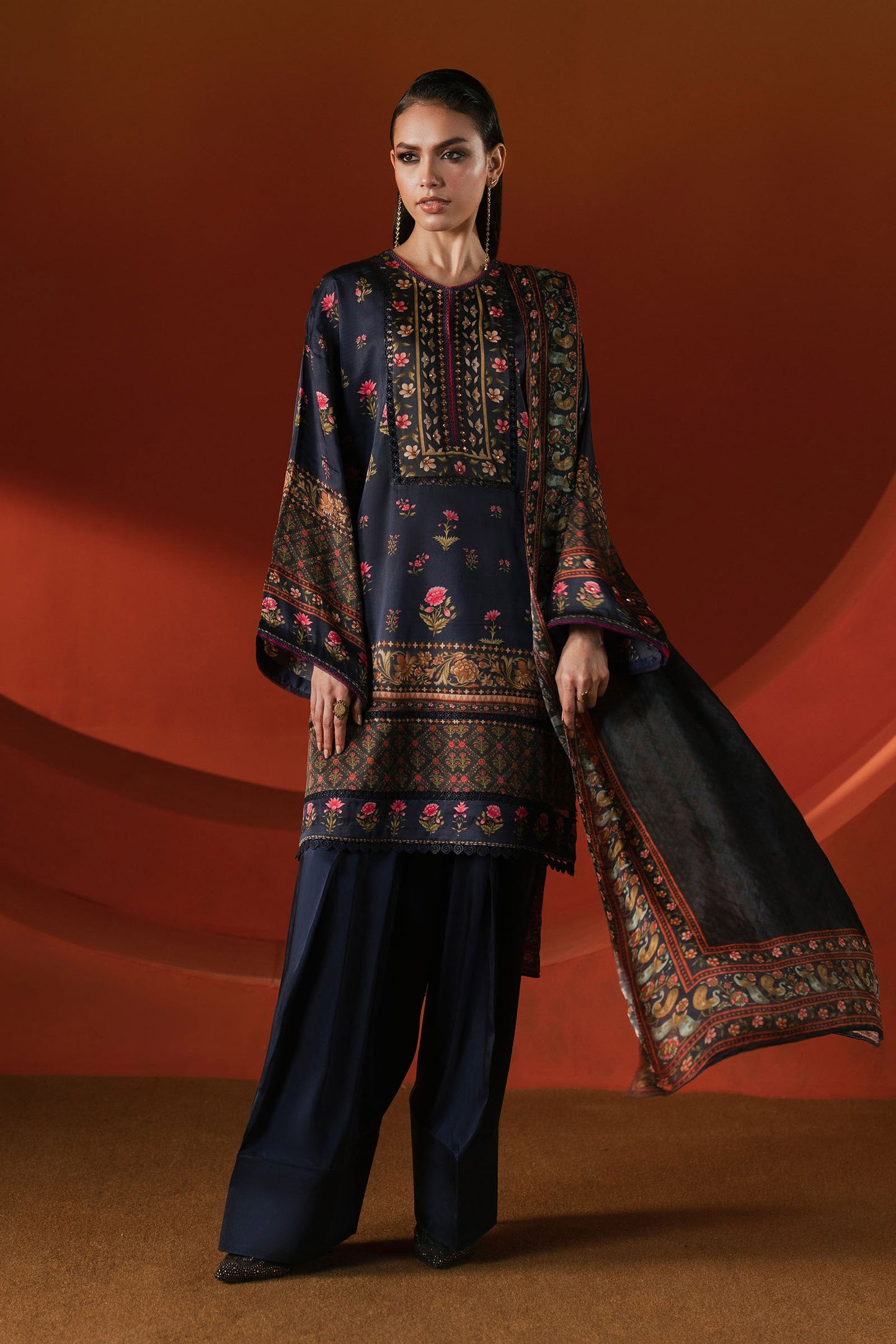 3 Piece Printed Satin Silk Suit